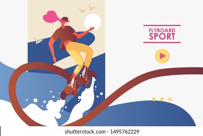 Vector concept banner or landing page template good for flyboarding sport and extreme water activities. Young woman in helmet riding fly board. 