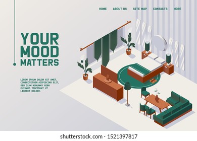 Vector concept banner or landing page template for double twin suite hotel room good for couple drawn in isometric style. 3d scene with wooden bedroom and large bed, tv and sofa interior. Green fabric