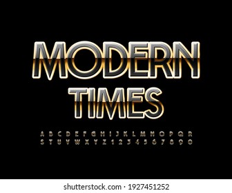 Banner de concepto de vectores en tiempos modernos. Letra brillante elite. Letras y números de alfabeto negro y oro