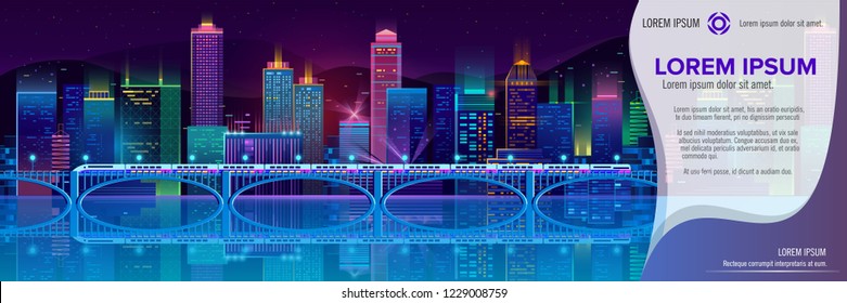 Vector concept banner with night city illuminated with neon glowing lights. Futuristic cityscape in blue and violet colors, panorama with modern buildings, skyscrapers and long bridge over river