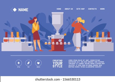 Vector concept banner on blue background good for header of nail polish manufacture. Liquid beauty products filling machine working, two girls happy. Bright colors, vivid greenery leaves