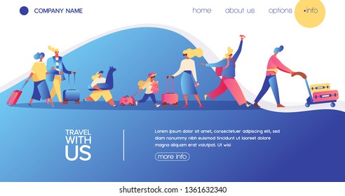 Vector concept banner with travelling people. Happy flat character with luggage, kids and bags. Landing page for vacation, buing avia tickets and travel agency