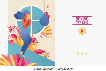 Vector concept banner with young girl doing boxing training with punching bag. Vivid landing page sport scene, good for courses or combat class with floral greenery and leaves