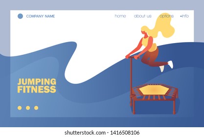 Vector concept banner with young woman jumping on trampoline. Sport scene, good for gym jumping fitness healthy lifestyle courses. Blue wave, flat character