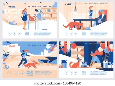 Vector concept banners collection with people and pets, dedicated to puppy lovers, vet and dog friendly cafe, drawn in bright orange, blue and beige colors