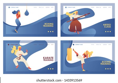 Vector concept banners with fight girls and young women doing martial arts training. Boxing, kickboxing, aikido and karate exercise on landing pages with blue waves