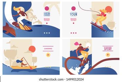 Vector concept banners set with women doing extreme water sports on boards and canoe. Wakeboarding, suffing, flyboarding training landing pages good for young activities and healthy lifestyle