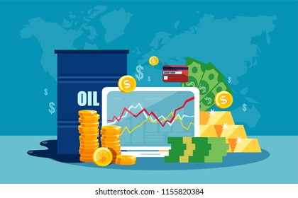 Vector concept of barrel of oil price chart in flat style. Stock price on laptop screen. 