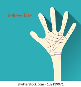 Vector Concept Believe fate. illustration of palmistry map on open palm on abstract background