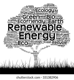 Concepto vectorial ecología negra palabra nube como árbol y hierba aislados en la metáfora de fondo blanco a la naturaleza, la ecología, la energía, la naturaleza, la vida, el mundo, global, proteger, el medio ambiente, el reciclado de biocombustibles