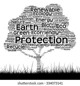 Vector concept black ecology text word cloud as tree and grass isolated on white background for nature, ecology, green, energy, natural, life, world, global, protect, environmental or recycling