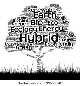 Vector concept black ecology text word cloud as tree and grass isolated on white background for nature, ecology, green, energy, natural, life, world, global, protect, environmental or recycling