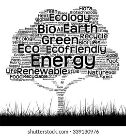 Vector concept black ecology text word cloud as tree and grass isolated on white background for nature, ecology, green, energy, natural, life, world, global, protect, environmental or recycling