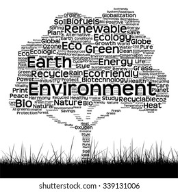 Vector concept black ecology text word cloud as tree and grass isolated on white background for nature, ecology, green, energy, natural, life, world, global, protect, environmental or recycling