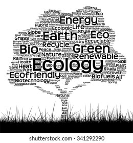 Vector concept black ecology text word cloud as tree and grass isolated on white background for nature, ecology, green, energy, natural, life, world, global, protect, environmental or recycling