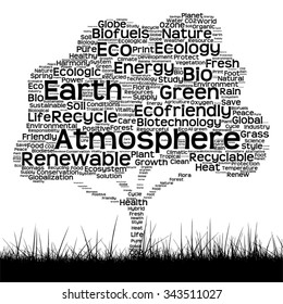 Vector concept black ecology text word cloud as tree and grass isolated on white background for nature, ecology, green, energy, natural, life, world, global, protect, environmental or recycling