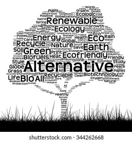 Vector concept black ecology text word cloud as tree and grass isolated on white background for nature, ecology, green, energy, natural, life, world, global, protect, environmental or recycling