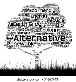 Vector concept black ecology text word cloud as tree and grass isolated on white background  for nature, ecology, green, energy, natural, life, world, global, protect, environmental or recycling