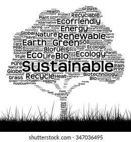 Vector concept black ecology text word cloud as tree and grass isolated on white background for nature, ecology, green, energy, natural, life, world, global, protect, environmental or recycling