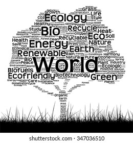 Concepto de vector ecología negra palabra nube como árbol y hierba aislados en fondo blanco para la naturaleza, la ecología, verde, la energía, la naturaleza, la vida, el mundo, global, proteger, el medio ambiente o el reciclado