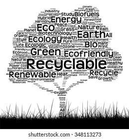 Vector concept black ecology text word cloud as tree and grass isolated on white background for nature, ecology, green, energy, natural, life, world, global, protect, environmental or recycling