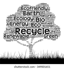Vektor-Konzept schwarze Ökologie Text Wolke als Baum und Gras einzeln auf weißem Hintergrund für Natur, Ökologie, Grün, Energie, Natur, Leben, Welt, global, Schutz, Umwelt oder Recycling