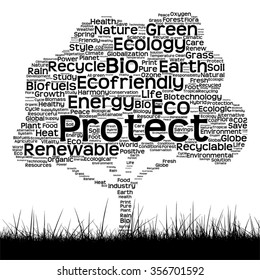 Vektor-Konzept schwarze Ökologie Text Wolke als Baum und Gras einzeln auf weißem Hintergrund für Natur, Ökologie, Grün, Energie, Natur, Leben, Welt, global, Schutz, Umwelt oder Recycling