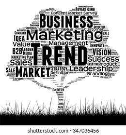 Vector concept black media tree and grass word cloud on white background as metaphor for business, trend, media, focus, market, value, product, advertising or customer or corporate wordcloud