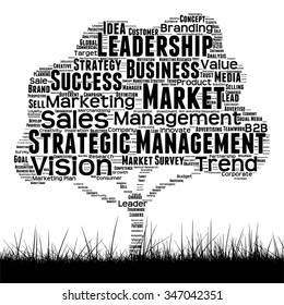 Vector concept black media tree and grass word cloud on white background as metaphor for business, trend, media, focus, market, value, product, advertising or customer or corporate wordcloud