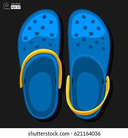 vector concept of blue comfortable rubber slippers. top view