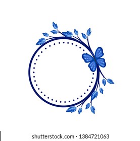 Vector concept blue photo frame with butterfly. Blank template to decorate the image and photo. Modern elegant graphic design.. Label, tag, stamp.