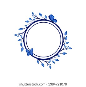 Vector concept blue photo frame with butterfly. Blank template to decorate the image and photo. Modern elegant graphic design.. Label, tag, stamp.