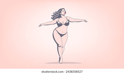 Vector concept of body positivity and diversity. Carefree chic curvy beautiful long haired dancing young lady with closed eyes in a dark bikini swimsuit.