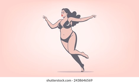 Concepto vectorial de positividad corporal y diversidad. Carefree chic curvy hermosa joven bailarina con ojos cerrados y labios rojos en un traje de baño de bikini oscuro.