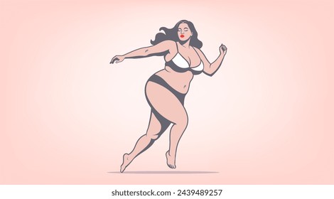 Vector concept of body positivity and diversity. Carefree chic curvy beautiful running plump young lady with closed eyes and red lips in a dark bikini swimsuit.