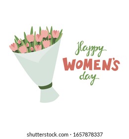 Vector concept bouquet of tulips isolated on white background with lettering March 8 women's day.  Vector templates for card, poster, flyer, web banner and other users