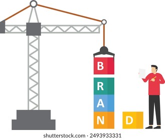 vector concept box brand building with construction machine. Crane and build a brand. Infographic Templates. Vector Illustration.

