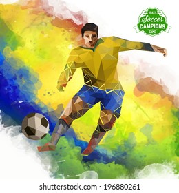 Vector concept of BRAZILIAN watercolors and geometrical figures footballer. Creative soccer design with labels for you. Label separate from background.
