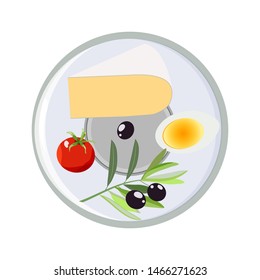 Vector concept of breakfast in cartoon style. On a plate dairy products, cheese, eggs and tomatoes. Concept for breakfast menu, cafe, restaurant. Logo design template. Food background.