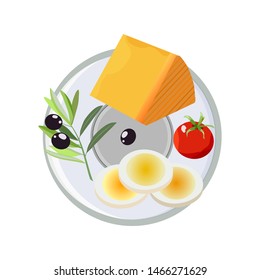 Vector concept of breakfast in cartoon style. On a plate dairy products, cheese, eggs and tomatoes. Concept for breakfast menu, cafe, restaurant. Logo design template. Food background.