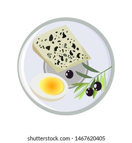 Vector concept of breakfast in cartoon style. On a plate dairy products, cheese  and  eggs. Concept for breakfast menu, cafe, restaurant. Logo design template. Food background.
