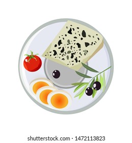 Vector concept of breakfast in cartoon style. On a plate dairy products, cheese  and  eggs. Concept for breakfast menu, cafe, restaurant. Logo design template. Food background.