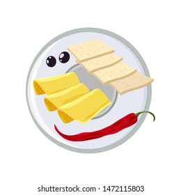 Vector concept of breakfast in cartoon style. On a plate dairy products, cheese,chile and olives. Concept for breakfast menu, cafe, restaurant. Logo design template. Food background.