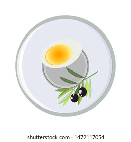 Vector concept of breakfast in cartoon style. On a plate dairy products, olives and  eggs. Concept for breakfast menu, cafe, restaurant. Logo design template. Food background.
