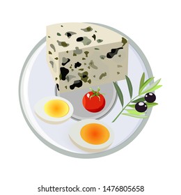 Vector concept of breakfast in cartoon style. On a plate dairy products, cheese, eggs and tomatoes. Concept for breakfast menu, cafe, restaurant. Logo design template. Food background.