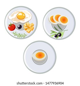 Vector concept of breakfast in cartoon style. On a plate dairy products, cheese, eggs and tomatoes. Concept for breakfast menu, cafe, restaurant. Logo design template. Food background.