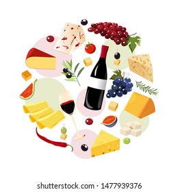 Vector concept of breakfast in cartoon style. Dairy products, cheese, eggs and tomatoes,wine. Concept for breakfast menu, cafe, restaurant. Logo design template. Food background.