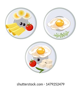 Vector concept of breakfast in cartoon style. On a plate dairy products, cheese, eggs and tomatoes. Concept for breakfast menu, cafe, restaurant. Logo design template. Food background.