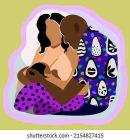 Vector concept of breastfeeding.young woman feeds her baby. Father is sitting near them. Family portrait in bright rich colors.