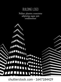 Concepto vectorial del logotipo del edificio. Entorno urbano con una variedad de edificios y estructuras en perspectiva. Escena nocturna. Aislado en el fondo y fácil de usar para logotipo, marca, emblema.
